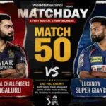 Match 50 preview graphic for Royal Challengers Bengaluru vs Lucknow Super Giants featuring Virat Kohli and Rishabh Pant.