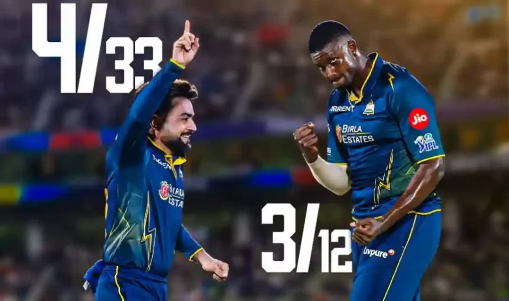 Gujarat Titans players celebrating after a wicket during the IPL 2026 match against Rajasthan Royals.