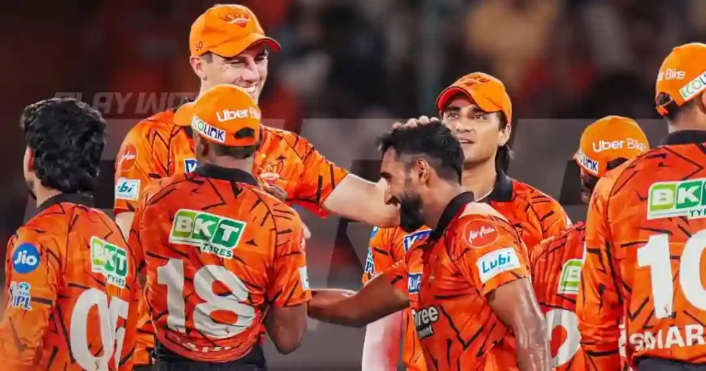 Sunrisers Hyderabad players celebrate together after a match.
