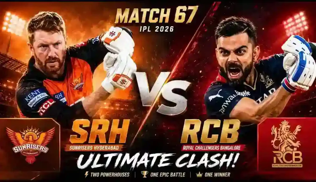 Sunrisers Hyderabad vs Royal Challengers Bengaluru Match 67 IPL 2026 promotional poster.