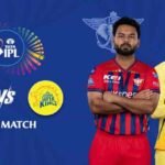 Promotional graphic for the 59th match of the TATA IPL, featuring two cricketers standing with crossed arms alongside team logos against a blue background.