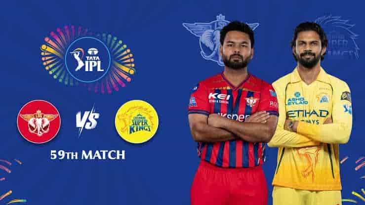 Promotional graphic for the 59th match of the TATA IPL, featuring two cricketers standing with crossed arms alongside team logos against a blue background.