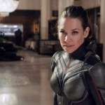 Evangeline Lilly as Hope van Dyne, the Wasp, in her Marvel Cinematic Universe superhero costume.