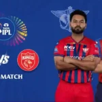 poster showing Lucknow Super Giants and Punjab Kings jerseys with IPL logo and “68th Match” at Ekana Stadium.