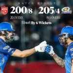 Match result graphic showing Mumbai Indians defeating Punjab Kings by 6 wickets, featuring two players fist-bumping.