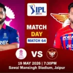 Rajasthan Royals vs Lucknow Super Giants promotional poster for Match 64, IPL 2026 at Sawai Mansingh Stadium.