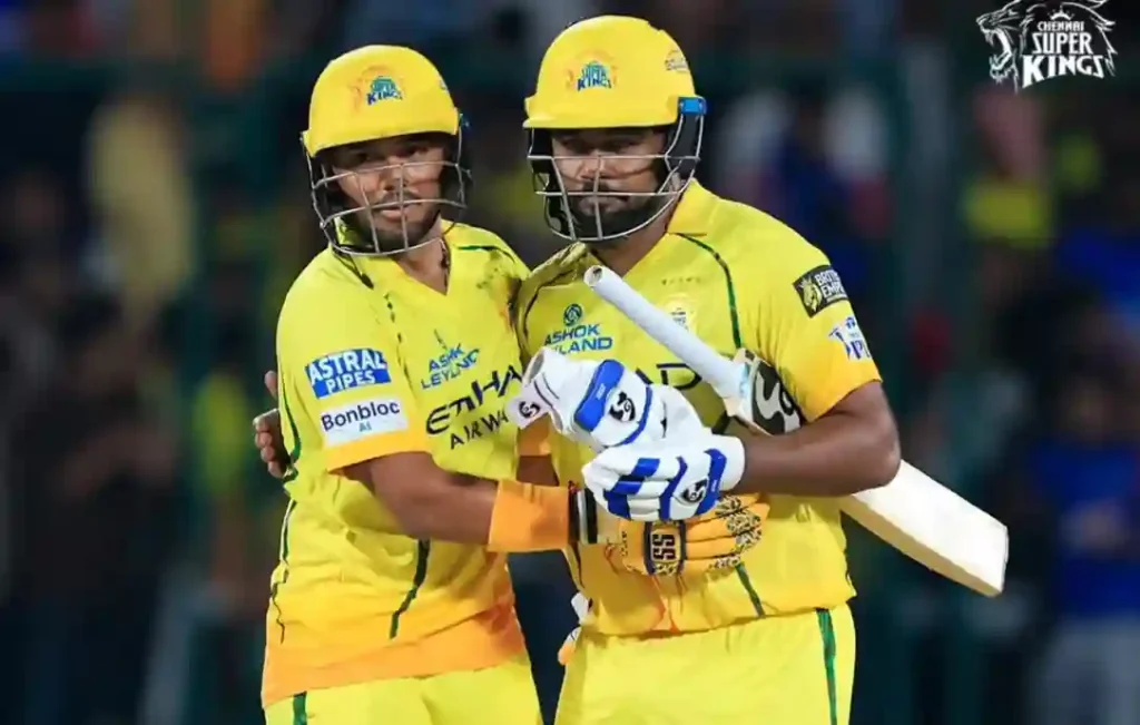 Sanju Samson celebrating with a teammate after a match-winning innings for Chennai Super Kings during IPL 2026.