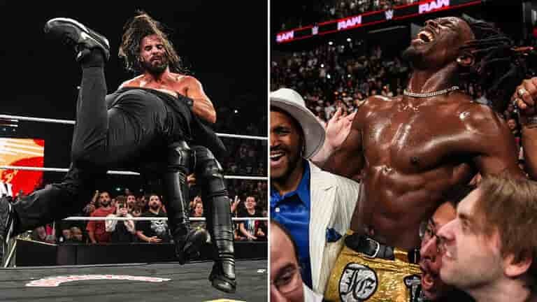WWE Raw action scene showing a wrestler in the ring and a champion celebrating ringside.