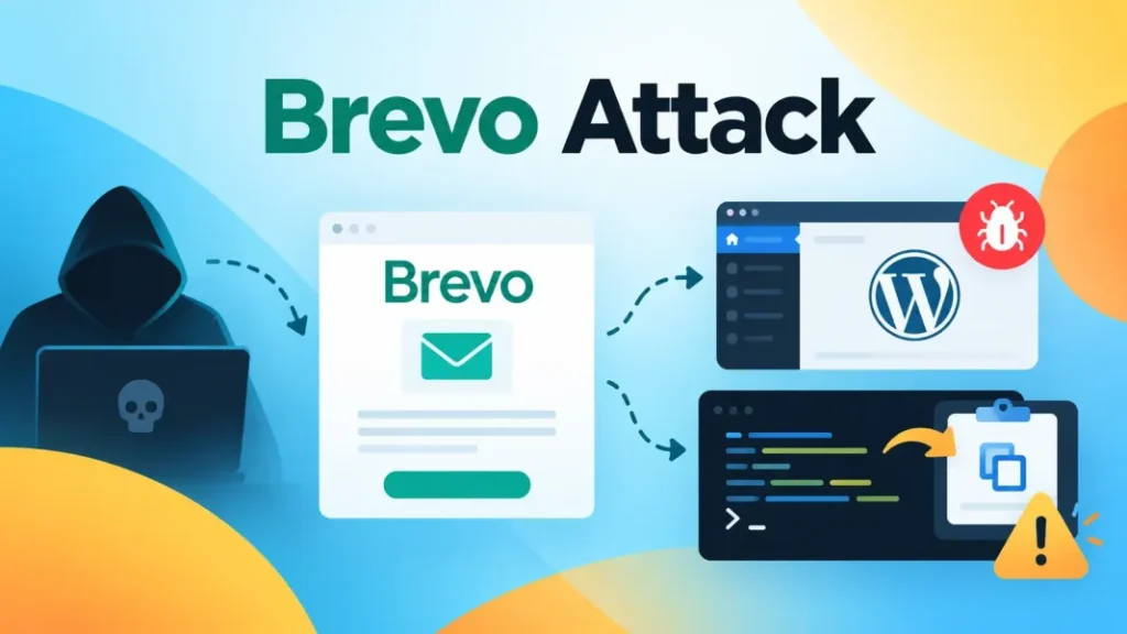 Digital illustration depicting the Brevo supply-chain attack injecting malicious script into customer websites.