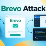 Digital illustration depicting the Brevo supply-chain attack injecting malicious script into customer websites.